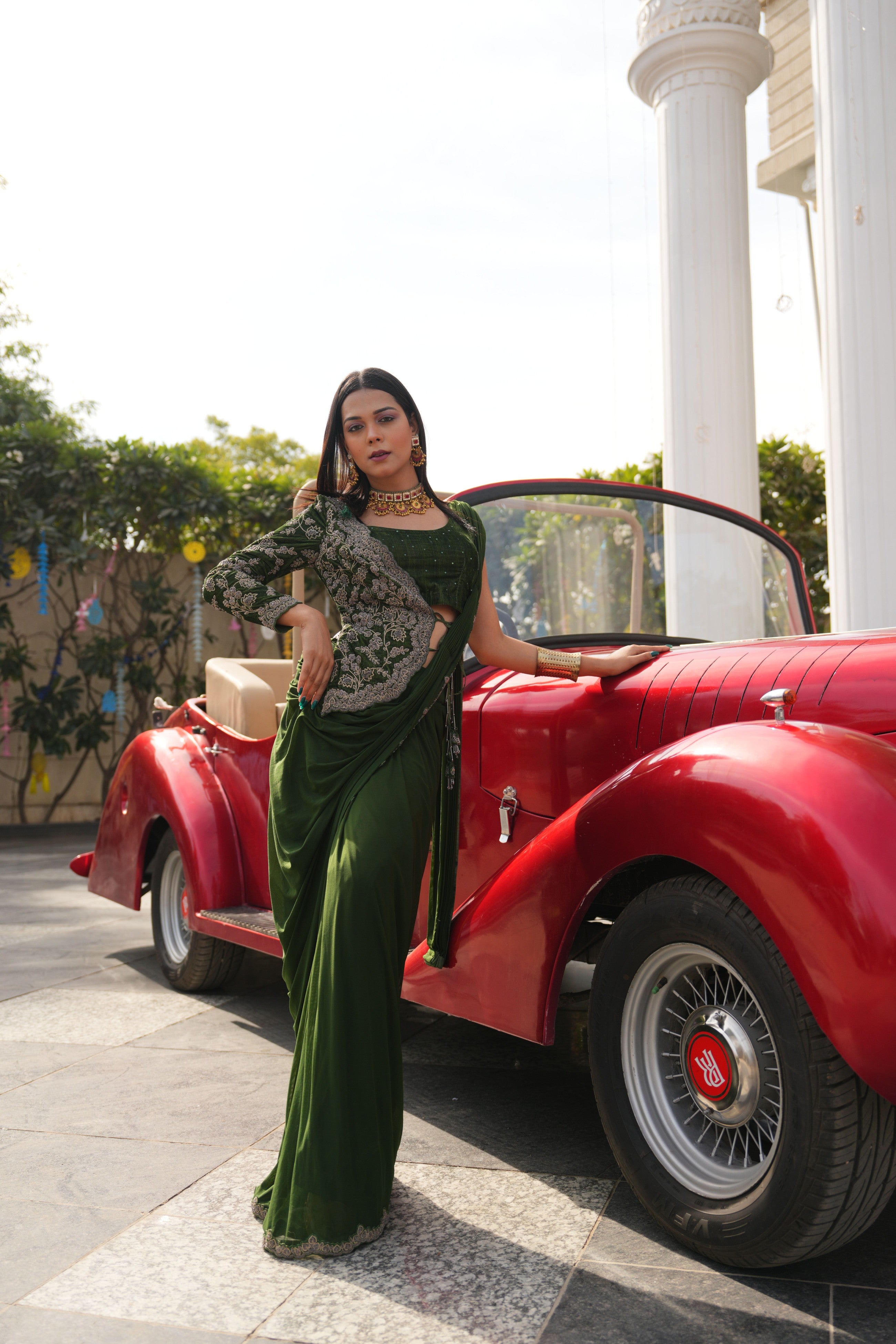 Emerald Green Embellished Drape Saree with Side Jacket