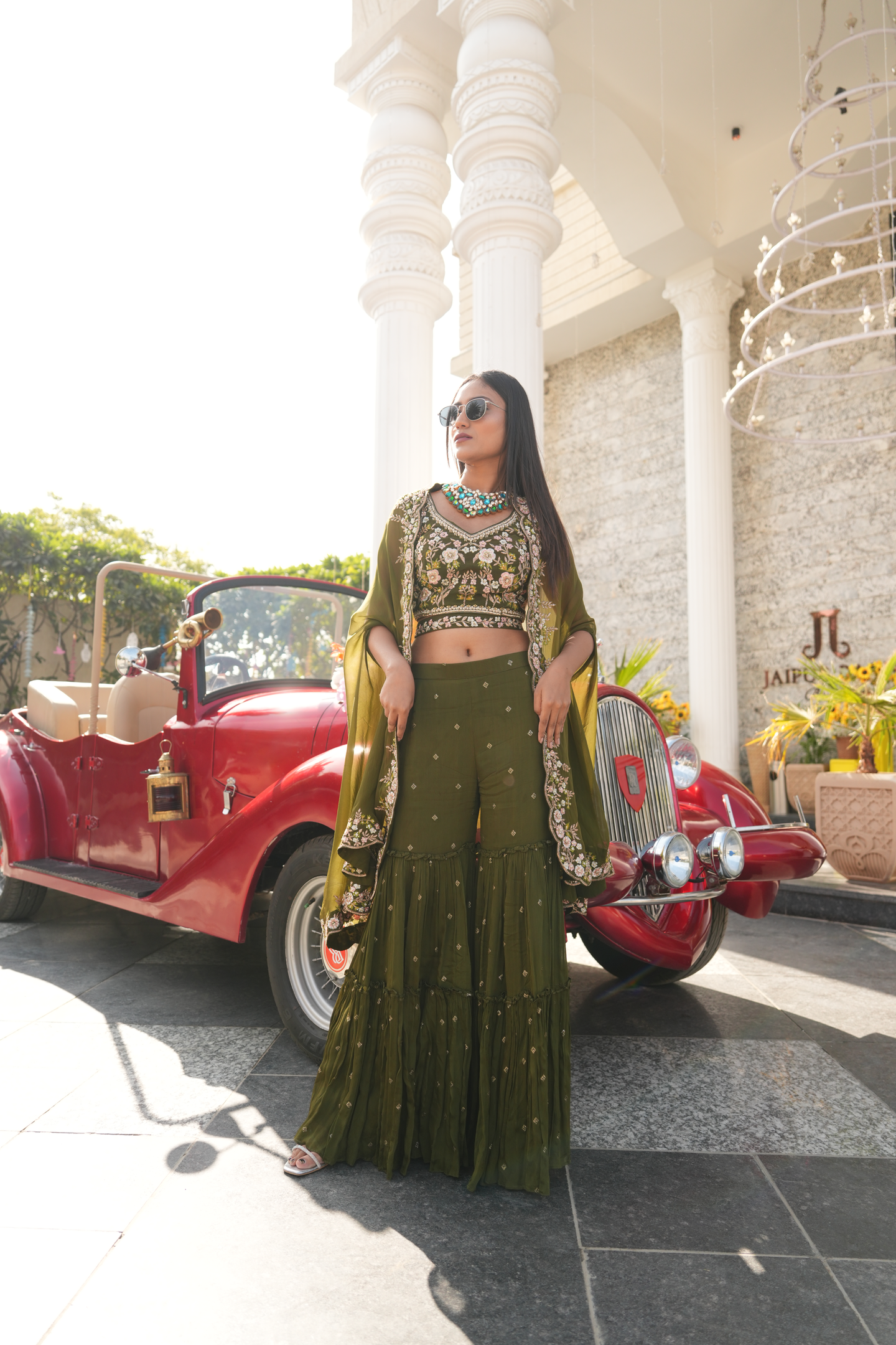 Olive Green Embellished Crop Top, Sharara & Cape Set