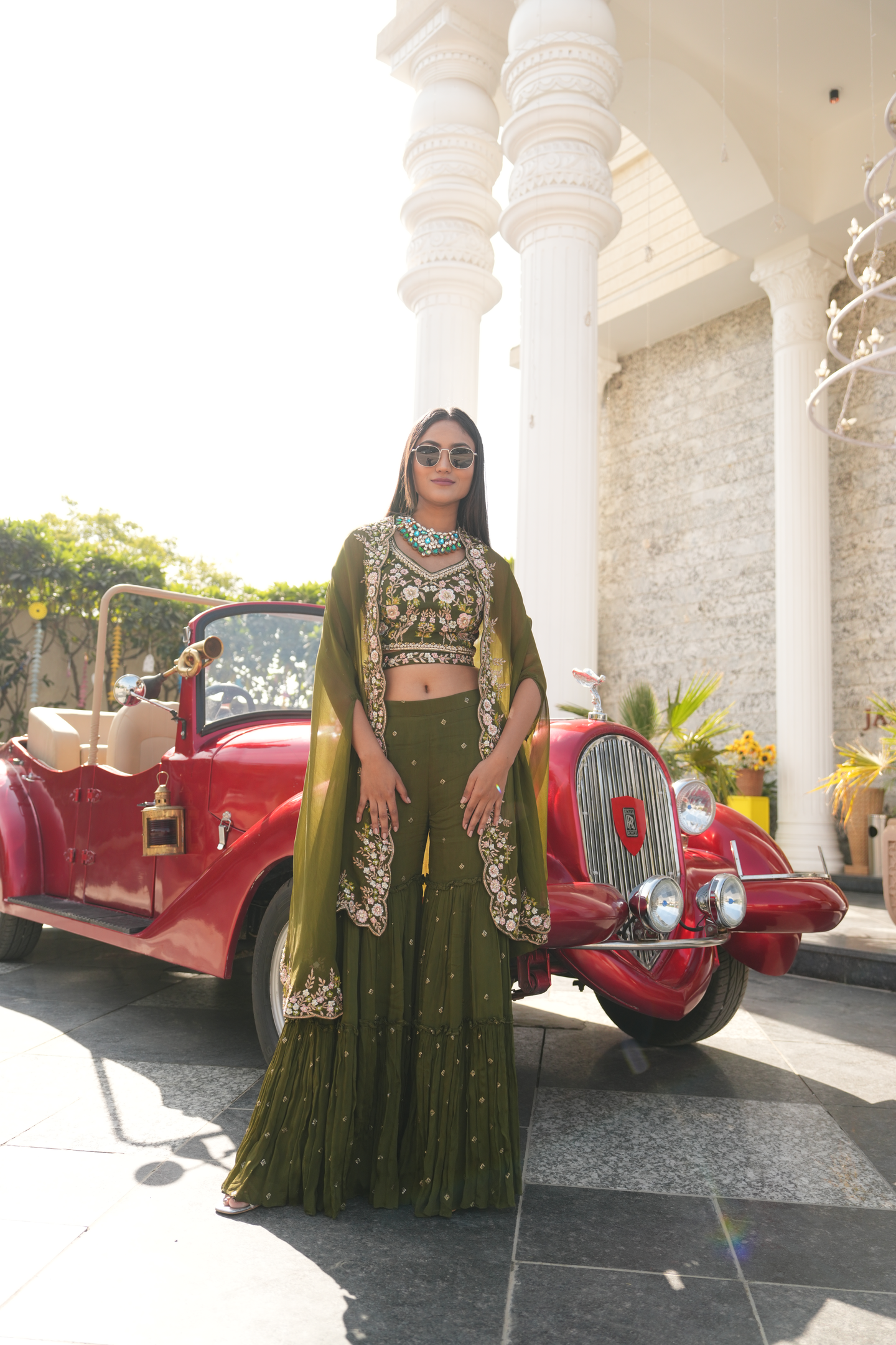 Olive Green Embellished Crop Top, Sharara & Cape Set