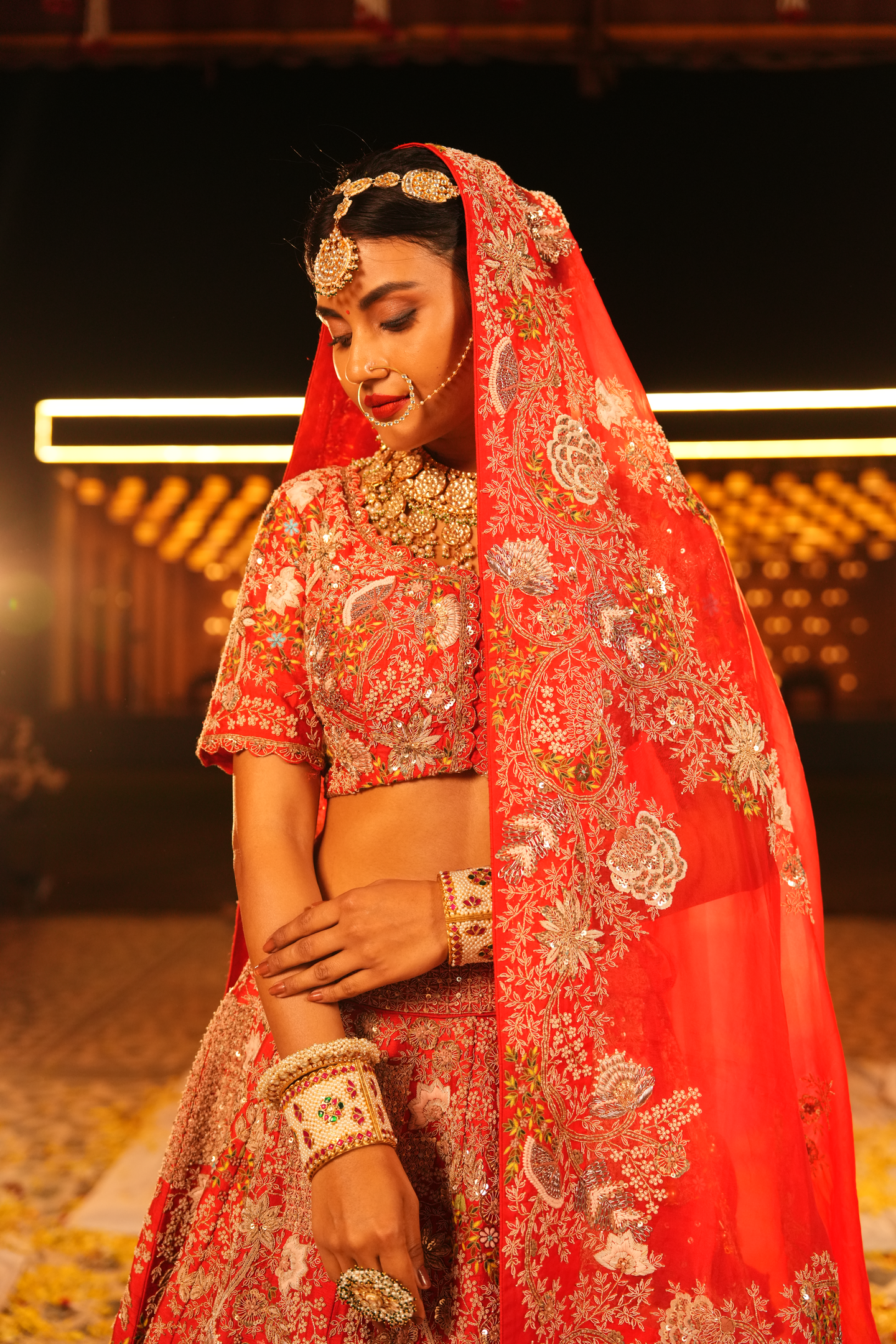 Nude Beige & Scarlet Red Bridal Lehenga Set
