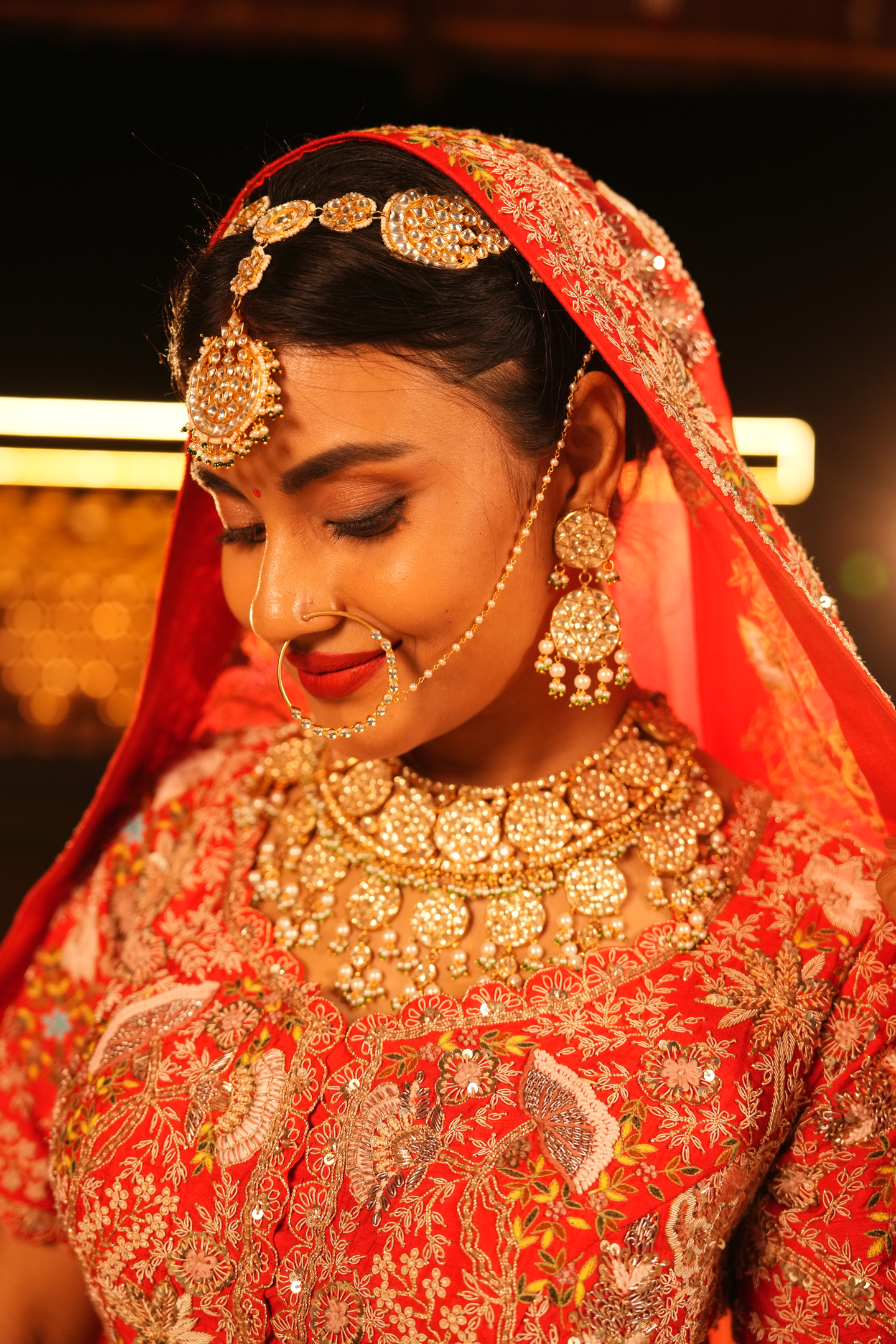 Nude Beige & Scarlet Red Bridal Lehenga Set