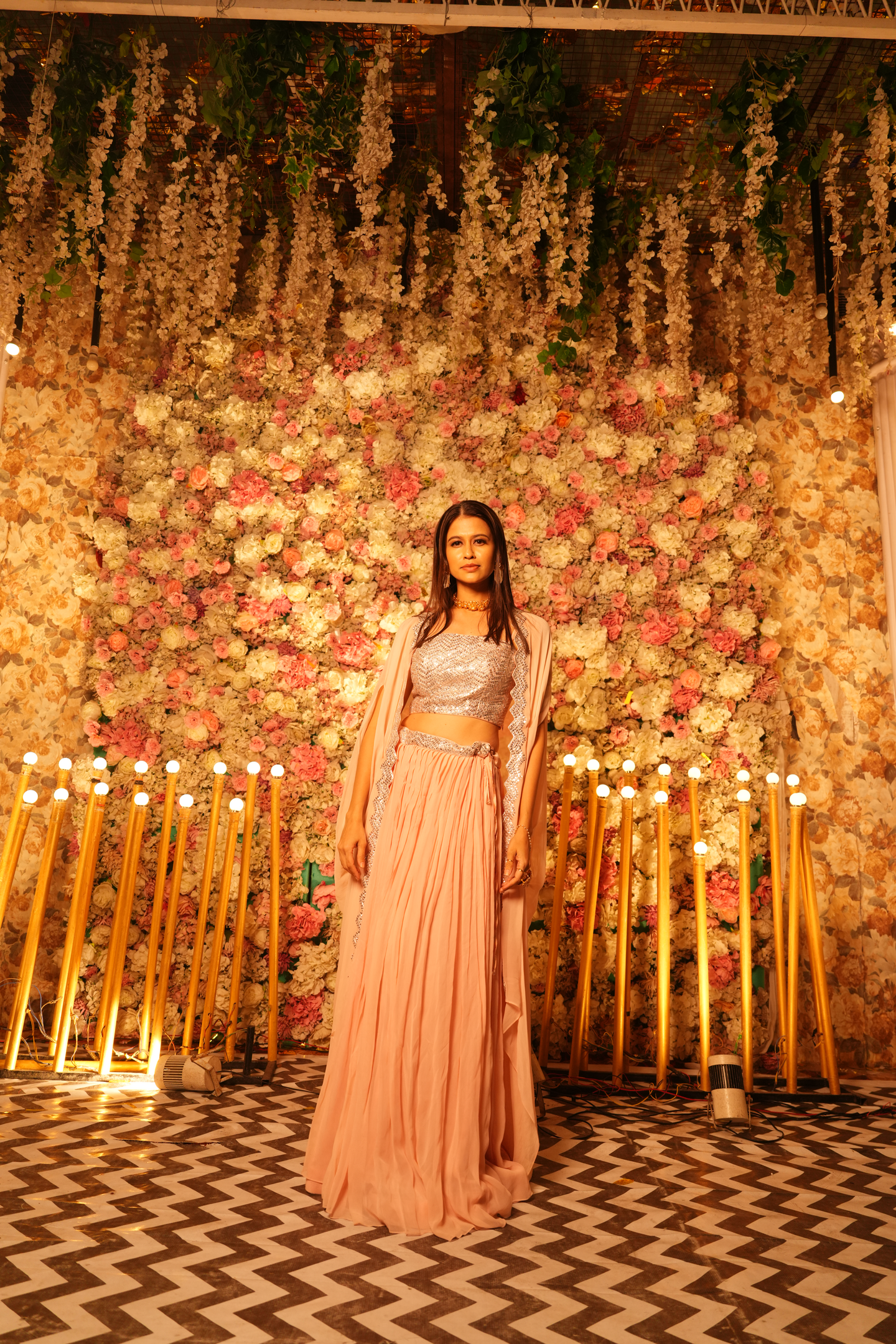 Peach Pink Embellished Crop Top & Skirt Set