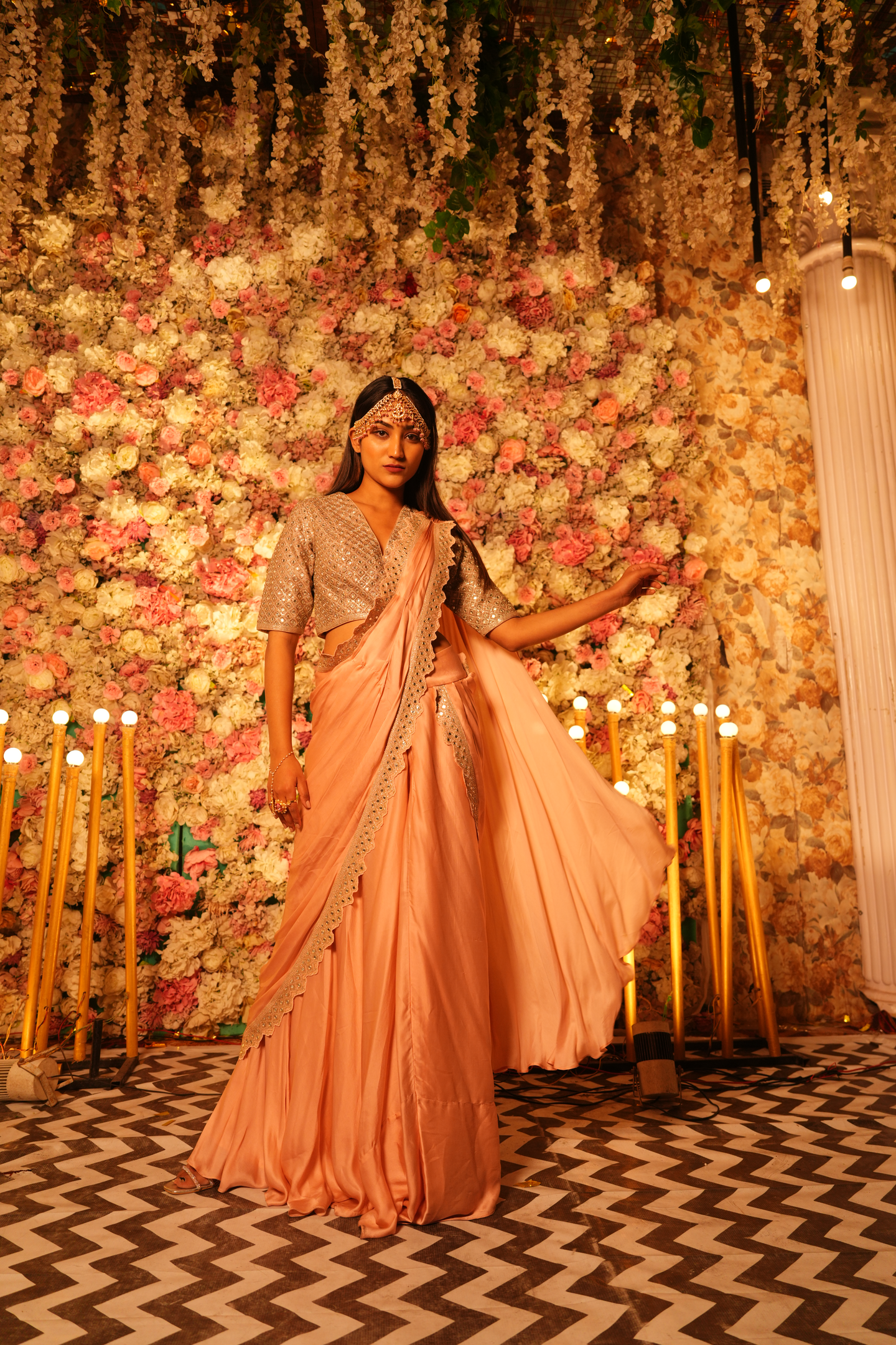 Peach Pink Draped Saree Gown
