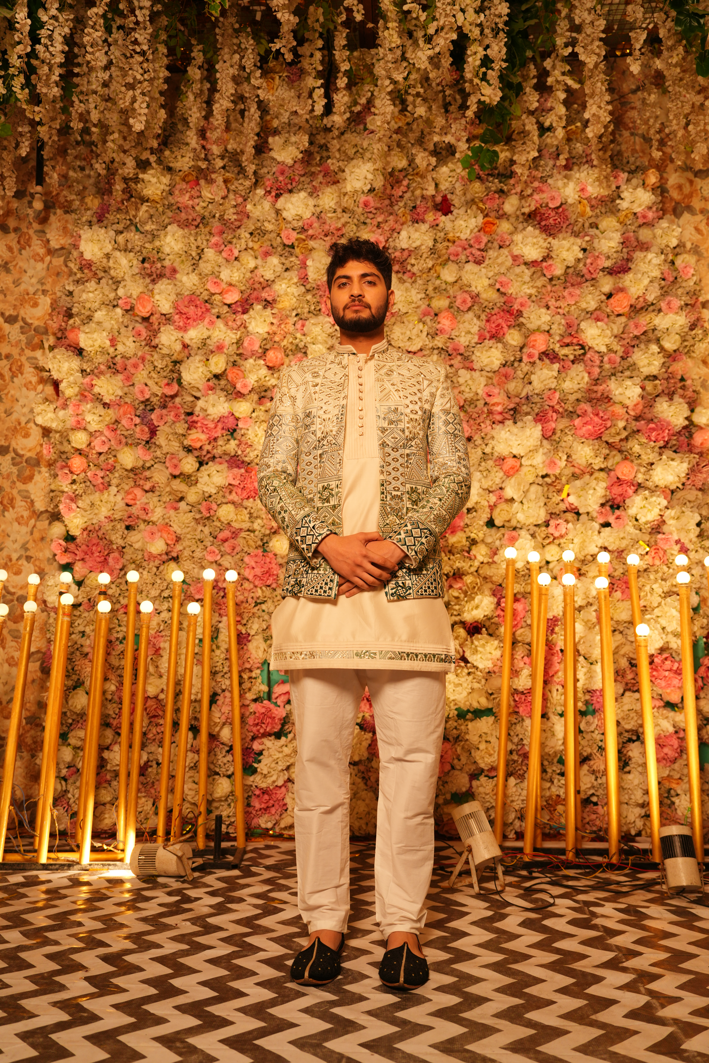 Beige & Sage Green Embellished Bundi Jacket Set