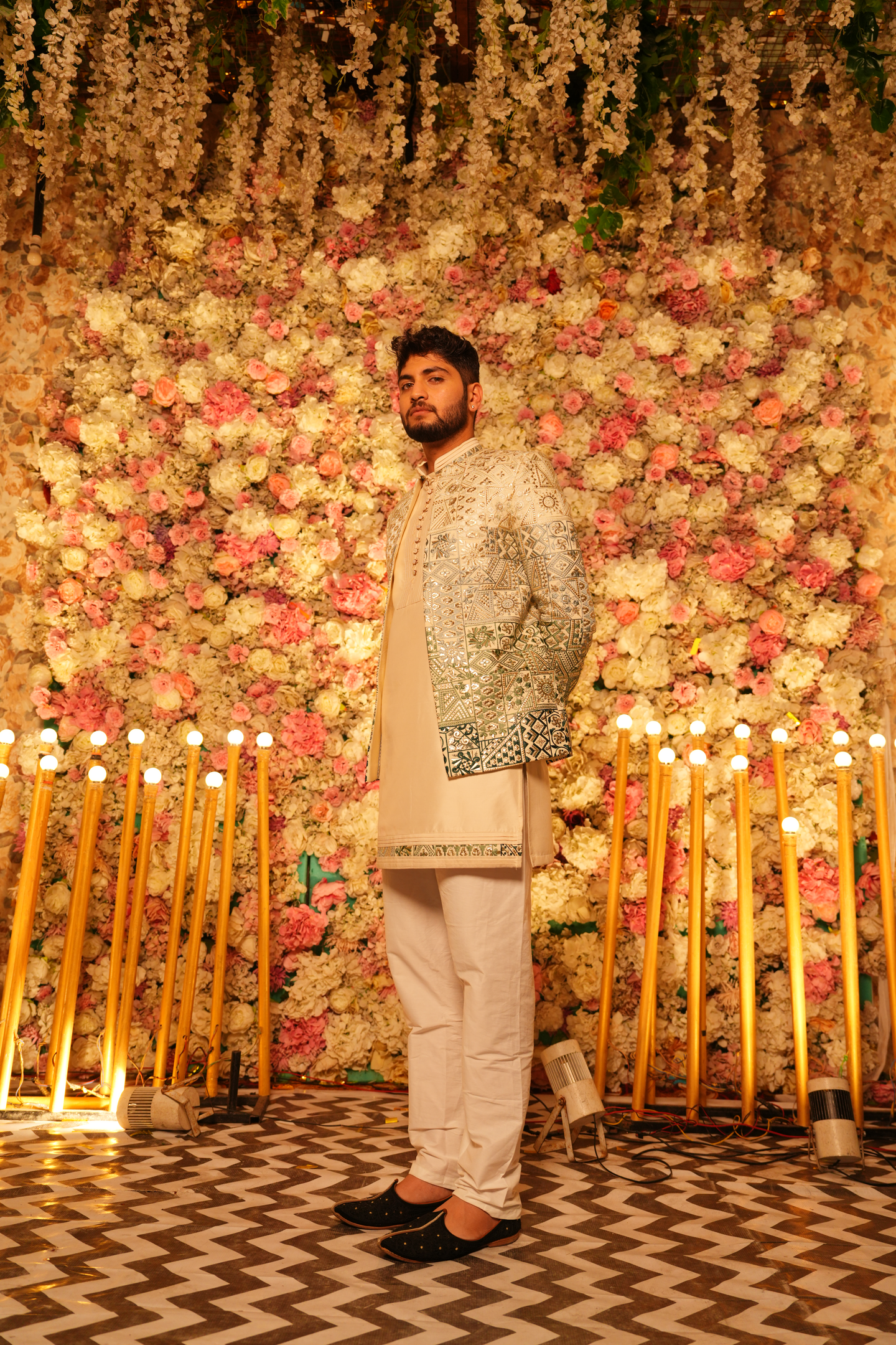 Beige & Sage Green Embellished Bundi Jacket Set