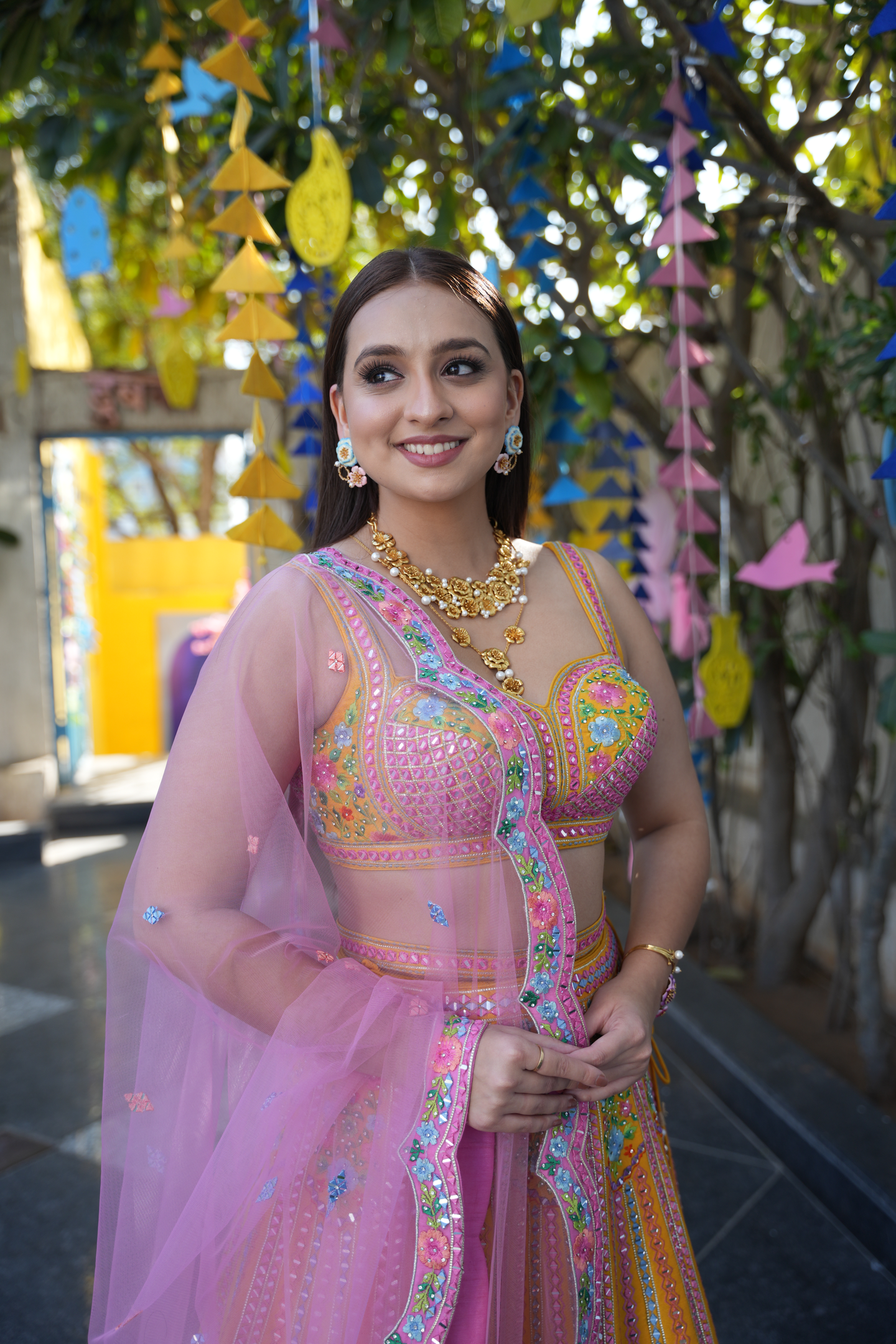 Pink Multicolor Mirror Work Lehenga Set