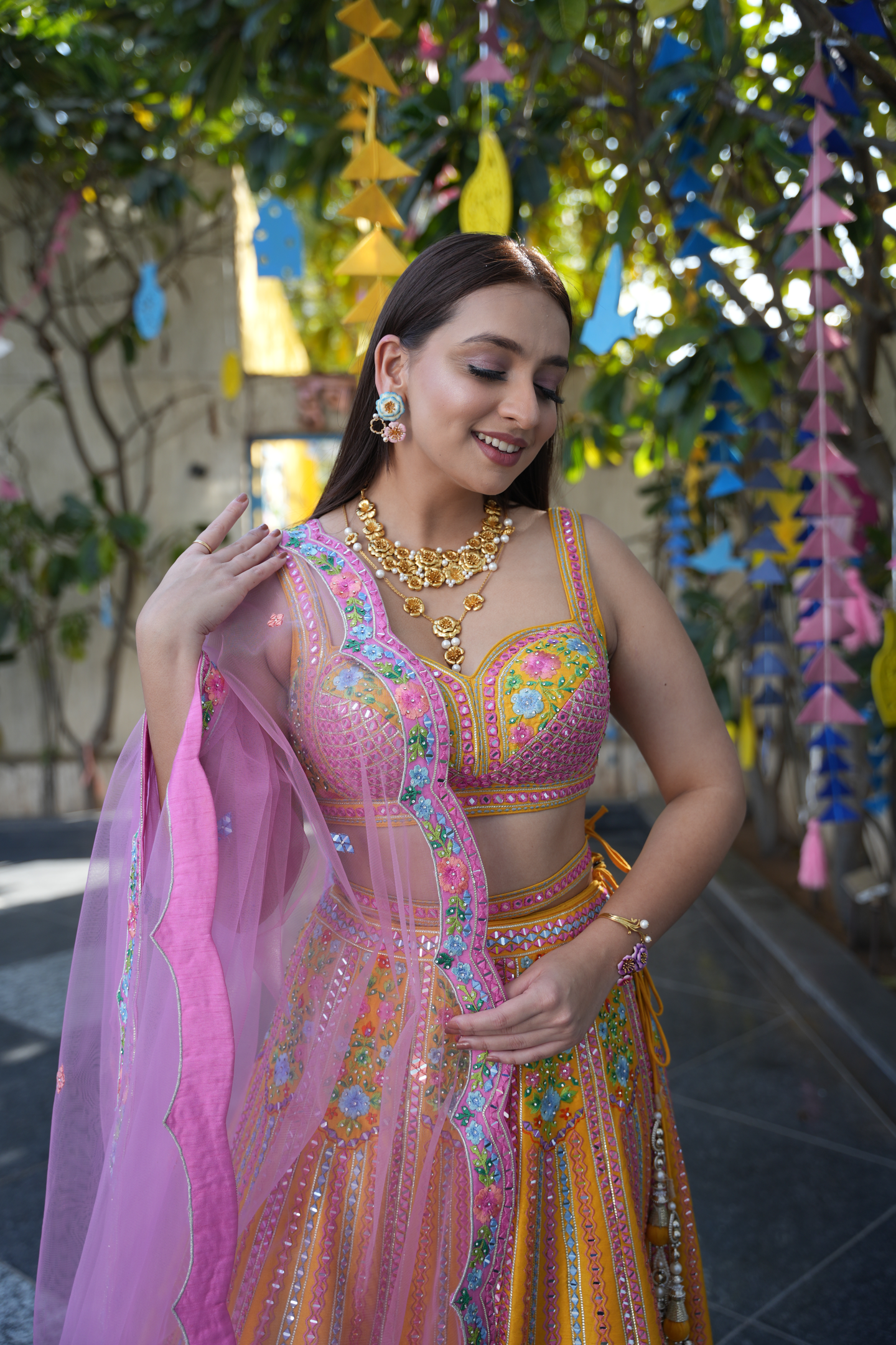 Pink Multicolor Mirror Work Lehenga Set